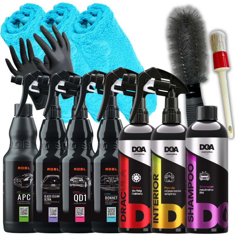 Zestaw kosmetyków ADBL X DOA do mycia auta + szczotka do felg i pędzel do wnętrza